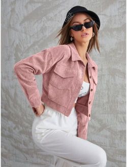 SHEIN Mulvari Corduroy Flap Pocket Button Up Crop Jacket