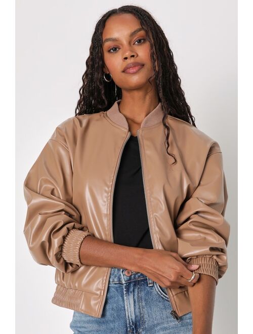 Lulus Iconic Essence Brown Vegan Leather Bomber Jacket