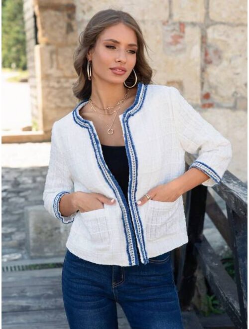 SHEIN LUNE Contrast Trim Open Front Jacket