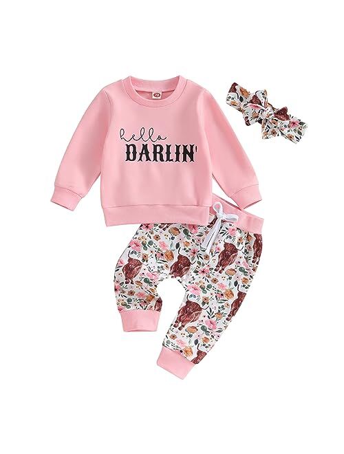 PUHHAPIEY Baby Girl Winter Clothes Pumpkin Crewneck Sweatshirts Flower Pants Headband Toddler Fall Halloween Outfits