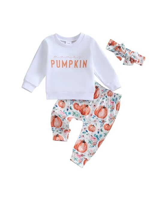 PUHHAPIEY Baby Girl Winter Clothes Pumpkin Crewneck Sweatshirts Flower Pants Headband Toddler Fall Halloween Outfits