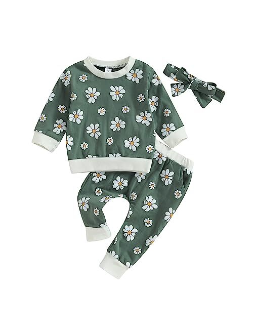 PUHHAPIEY Baby Girl Winter Clothes Pumpkin Crewneck Sweatshirts Flower Pants Headband Toddler Fall Halloween Outfits