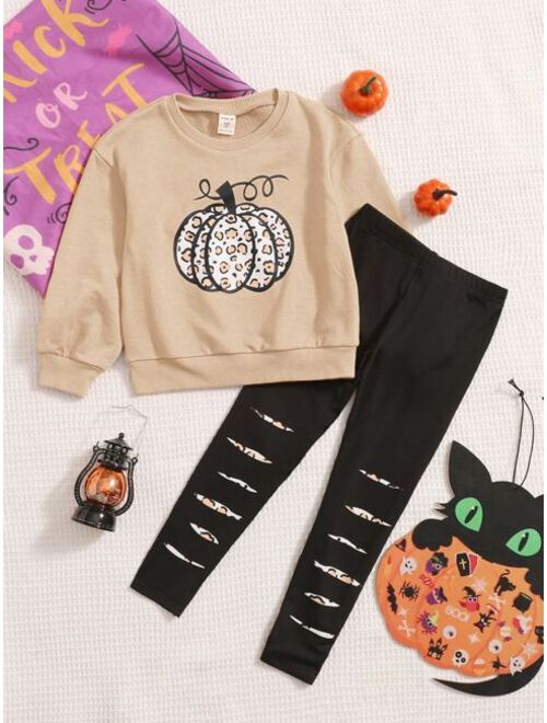 SHEIN Toddler Girls Halloween Pumpkin Print Sweatshirt & Leggings