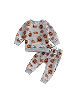 COORALLY Baby Girl Boy Halloween Clothes Set Pumpkin Long Sleeve Sweatshirt Top Pant Set Fall Winter 2Pcs Outfit