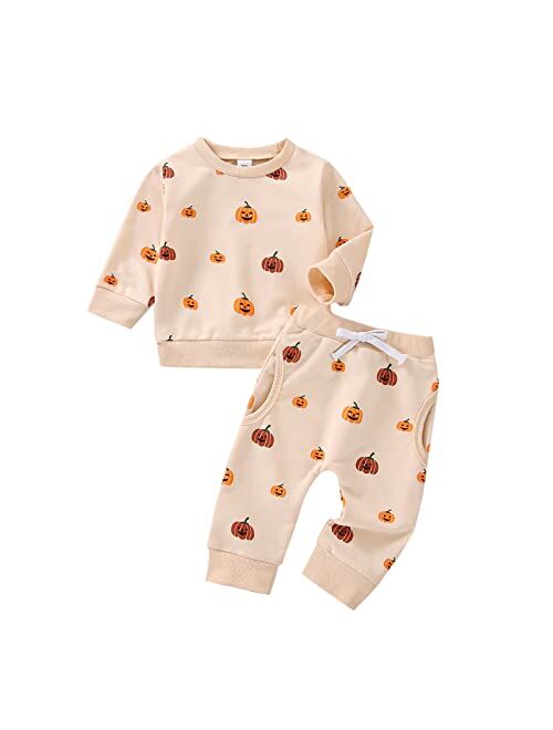 COORALLY Baby Girl Boy Halloween Clothes Set Pumpkin Long Sleeve Sweatshirt Top Pant Set Fall Winter 2Pcs Outfit