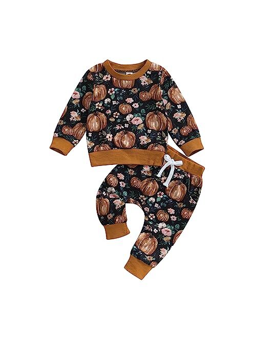 COORALLY Baby Girl Boy Halloween Clothes Set Pumpkin Long Sleeve Sweatshirt Top Pant Set Fall Winter 2Pcs Outfit