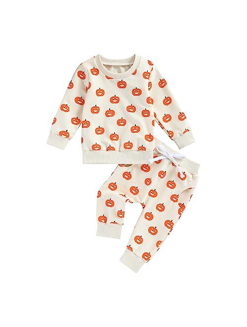 COORALLY Baby Girl Boy Halloween Clothes Set Pumpkin Long Sleeve Sweatshirt Top Pant Set Fall Winter 2Pcs Outfit