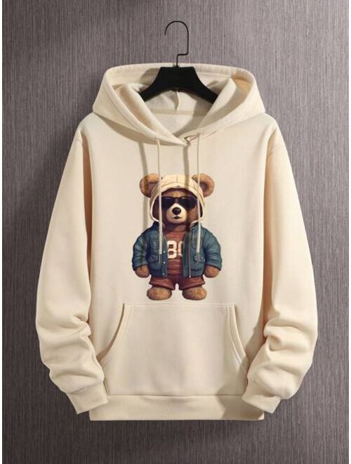 Men Bear Print Kangaroo Pocket Drawstring Thermal Hoodie