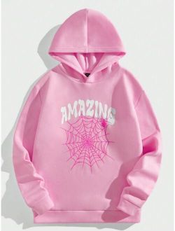 SHEIN Manfinity EMRG Men Letter Spider Web Print Thermal Hoodie