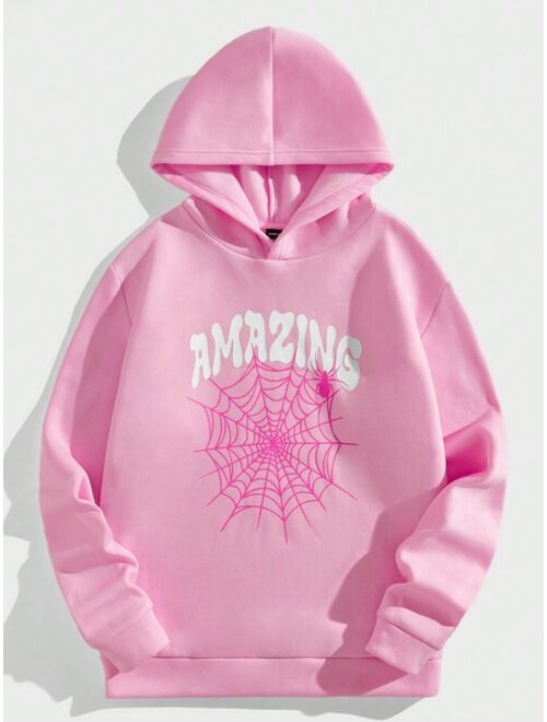 SHEIN Manfinity EMRG Men Letter Spider Web Print Thermal Hoodie