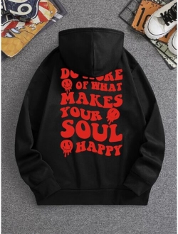 Men Cartoon Slogan Graphic Drawstring Thermal Hoodie