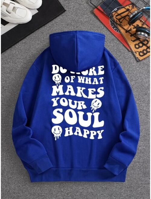 Men Cartoon Slogan Graphic Drawstring Thermal Hoodie