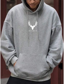 Manfinity Homme Men Deer Slogan Graphic Kangaroo Pocket Drawstring Hoodie