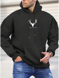 Manfinity Homme Men Deer Slogan Graphic Kangaroo Pocket Drawstring Hoodie