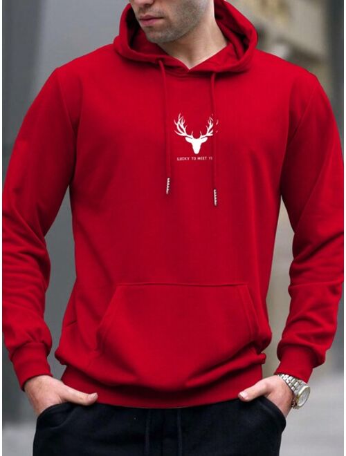 Manfinity Homme Men Deer Slogan Graphic Kangaroo Pocket Drawstring Hoodie