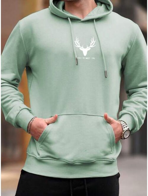 Manfinity Homme Men Deer Slogan Graphic Kangaroo Pocket Drawstring Hoodie