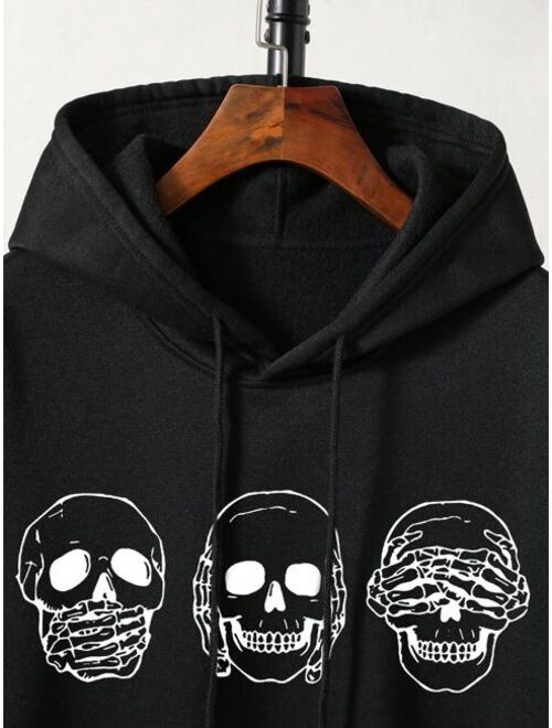 Men Plus Skull Print Kangaroo Pocket Drawstring Thermal Hoodie