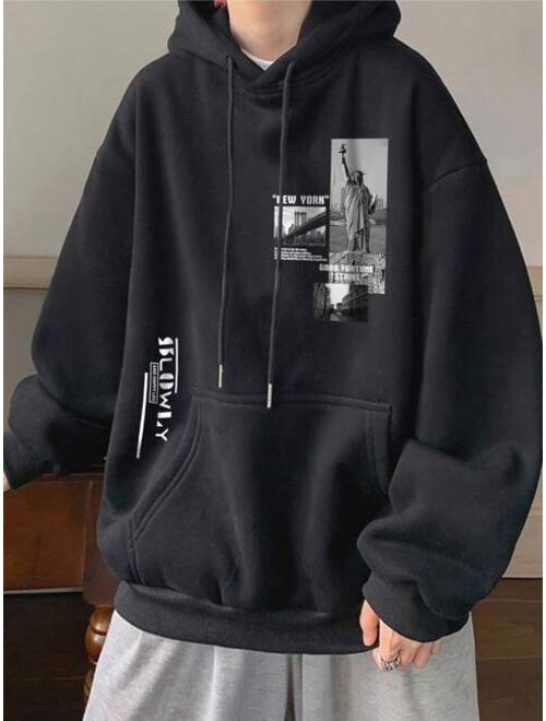 Manfinity Hypemode Men Picture And Slogan Graphic Kangaroo Pocket Drawstring Hoodie