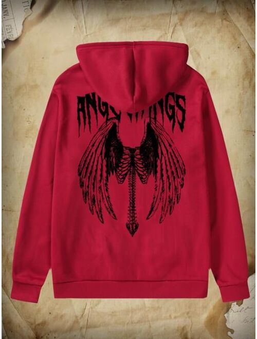 ROMWE Academia Guys Wings Letter Graphic Drawstring Thermal Hoodie