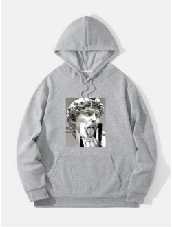 Men Sculpture And Figure Graphic Kangaroo Pocket Drawstring Thermal Lined Hoodie