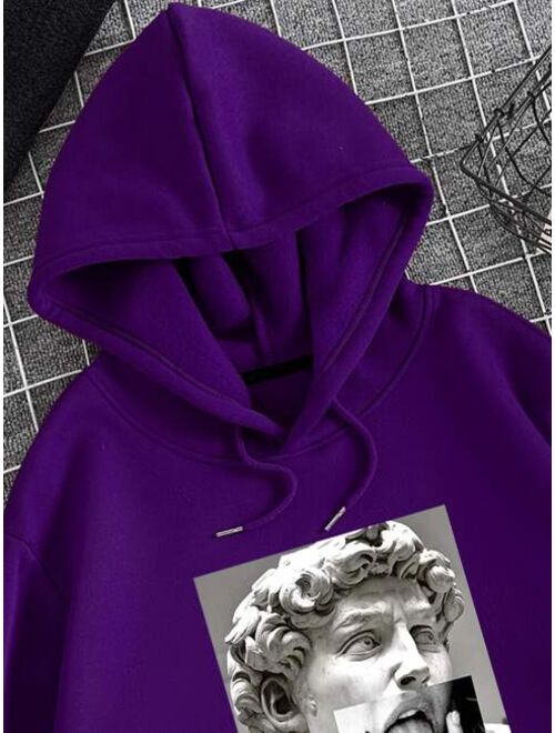 Men Sculpture And Figure Graphic Kangaroo Pocket Drawstring Thermal Lined Hoodie