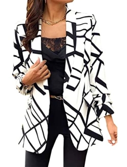 FLYCHEN Women Open Front Blazer Colorful Print Long Sleeve Newspaper Print V Neck Suit Jacket