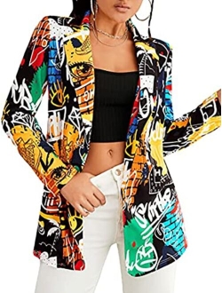 FLYCHEN Women Open Front Blazer Colorful Print Long Sleeve Newspaper Print V Neck Suit Jacket