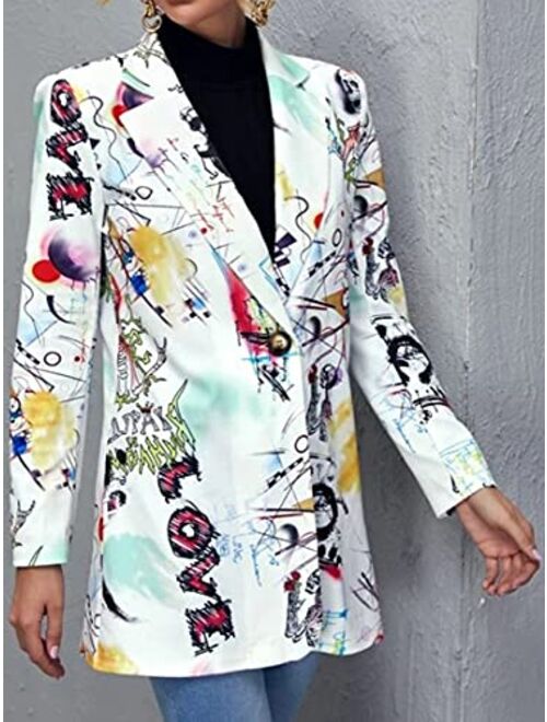 FLYCHEN Women Open Front Blazer Colorful Print Long Sleeve Newspaper Print V Neck Suit Jacket