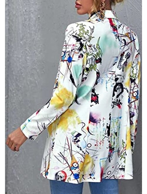 FLYCHEN Women Open Front Blazer Colorful Print Long Sleeve Newspaper Print V Neck Suit Jacket