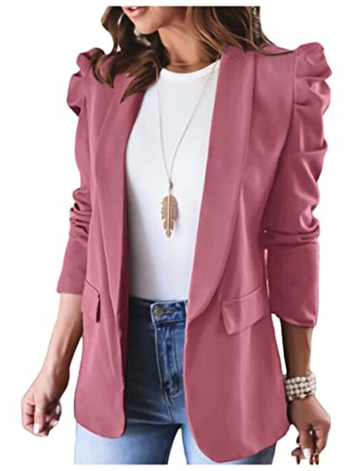 KIRUNDO Women's 2023 Fall Casual Blazers Puff Sleeve Lapel Open Front Work Suit Office Blazer Jackets with Pockets