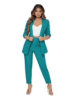 Women's 2 Piece Solid Ruched Sleeve Blazer and Pants Business Office Suit Set