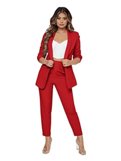 Women's 2 Piece Solid Ruched Sleeve Blazer and Pants Business Office Suit Set