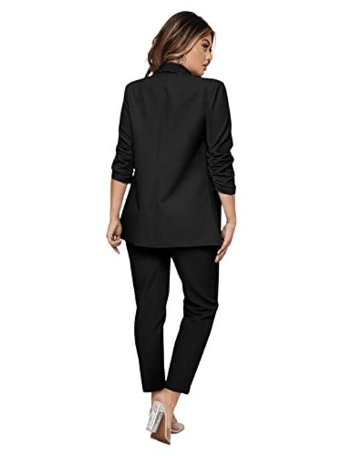 SweatyRocks Women's 2 Piece Solid Ruched Sleeve Blazer and Pants Business Office Suit Set