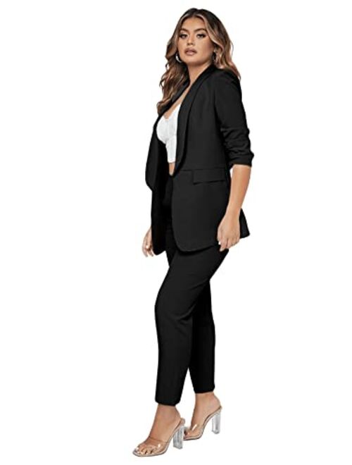 SweatyRocks Women's 2 Piece Solid Ruched Sleeve Blazer and Pants Business Office Suit Set