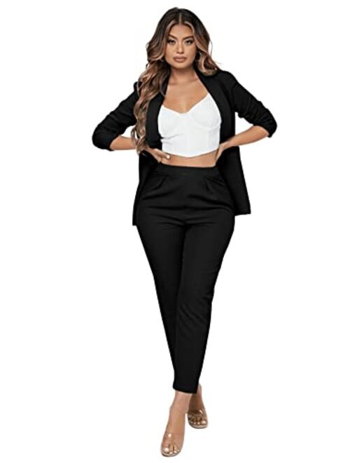 SweatyRocks Women's 2 Piece Solid Ruched Sleeve Blazer and Pants Business Office Suit Set