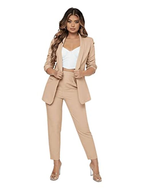 SweatyRocks Women's 2 Piece Solid Ruched Sleeve Blazer and Pants Business Office Suit Set