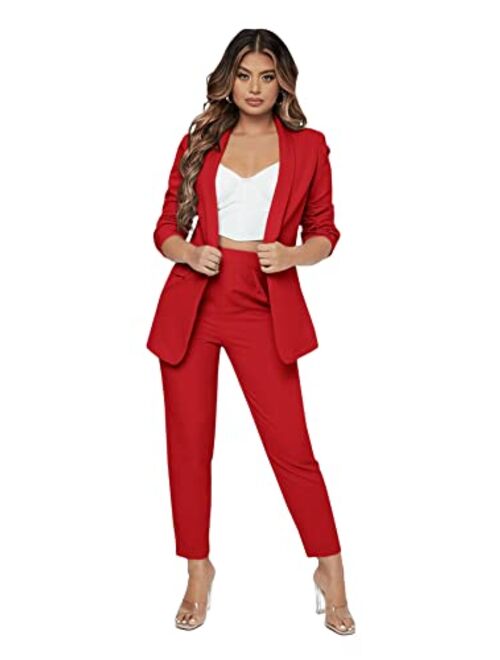 SweatyRocks Women's 2 Piece Solid Ruched Sleeve Blazer and Pants Business Office Suit Set