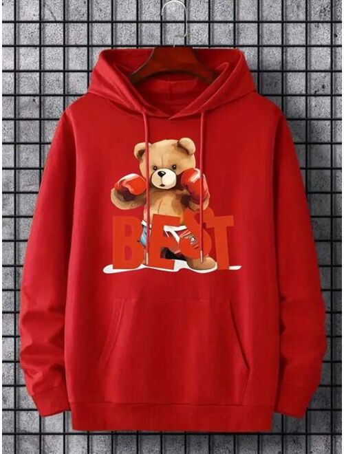 SHEIN Manfinity EMRG Men Bear Print Kangaroo Pocket Drawstring Hoodie