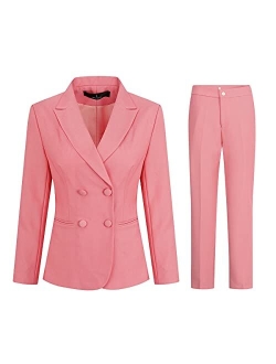 YUNCLOS Women's 2 Piece Double Breasted Suit Set Two Button Blazer and Pants