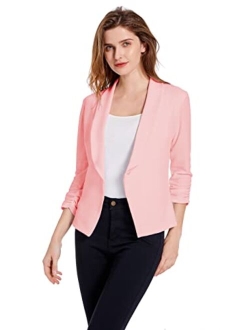 Sunfaynis Women's Soft Stretchy Lightweight Cardigan Blazer One Button 3/4 Ruched Sleeve Business Casual Blazer Jackets