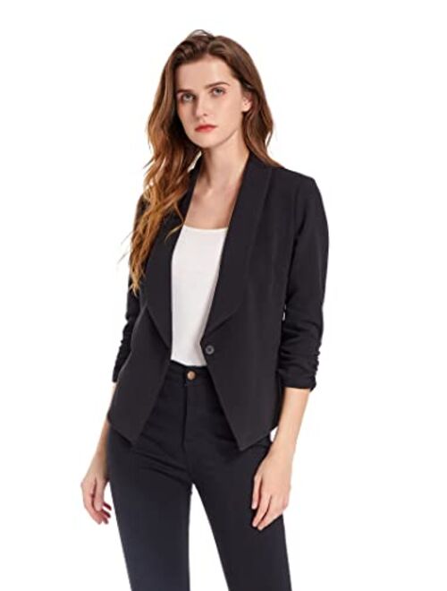 Sunfaynis Women's Soft Stretchy Lightweight Cardigan Blazer One Button 3/4 Ruched Sleeve Business Casual Blazer Jackets