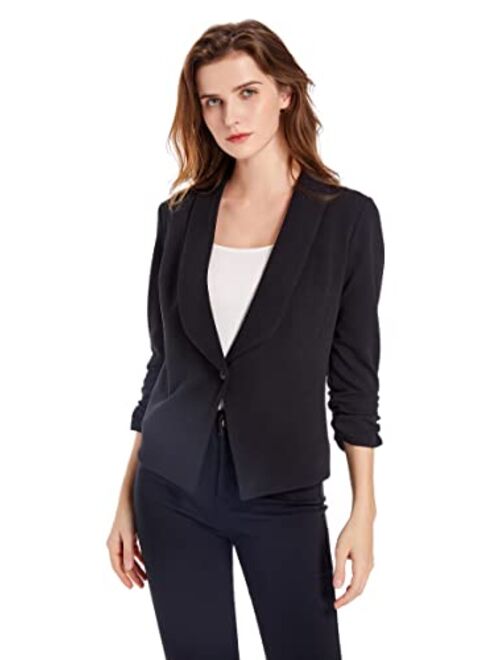 Sunfaynis Women's Soft Stretchy Lightweight Cardigan Blazer One Button 3/4 Ruched Sleeve Business Casual Blazer Jackets