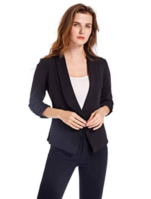 Sunfaynis Women's Soft Stretchy Lightweight Cardigan Blazer One Button 3/4 Ruched Sleeve Business Casual Blazer Jackets