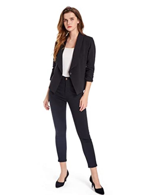 Sunfaynis Women's Soft Stretchy Lightweight Cardigan Blazer One Button 3/4 Ruched Sleeve Business Casual Blazer Jackets