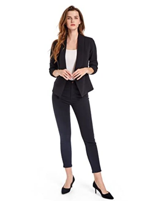 Sunfaynis Women's Soft Stretchy Lightweight Cardigan Blazer One Button 3/4 Ruched Sleeve Business Casual Blazer Jackets