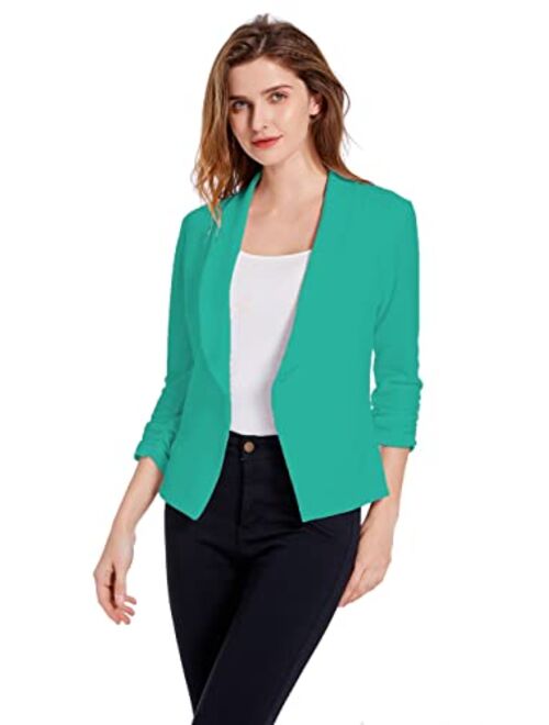 Sunfaynis Women's Soft Stretchy Lightweight Cardigan Blazer One Button 3/4 Ruched Sleeve Business Casual Blazer Jackets