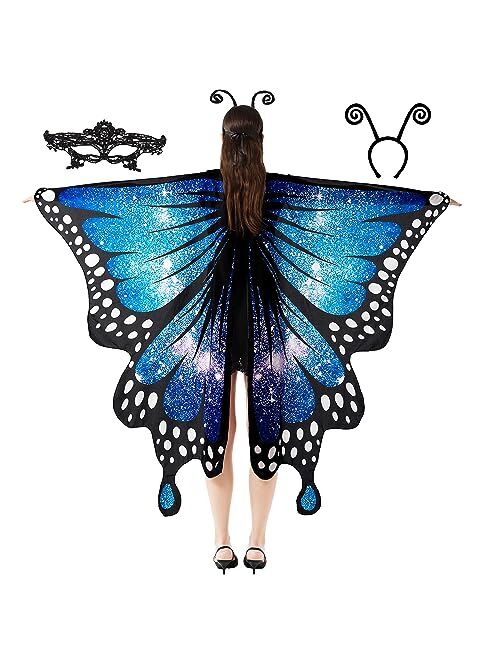 Tibeha Halloween Butterfly Costume for Women - Girls Kid Adult Wings Cape with Mask and Antenna Headband