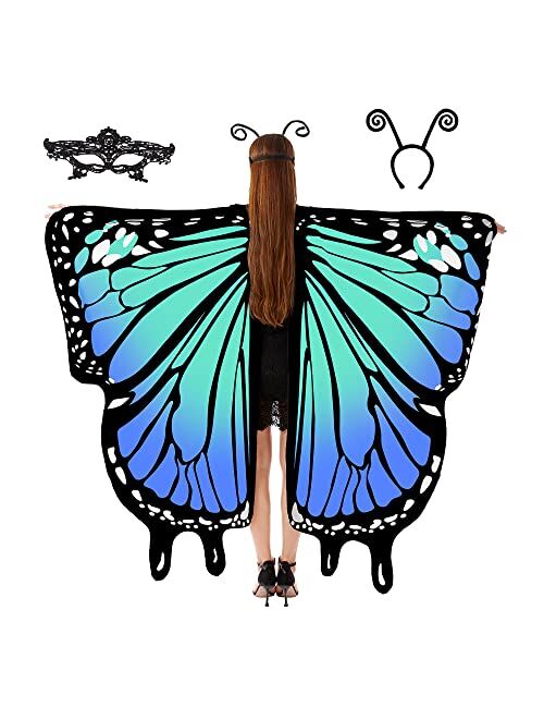 Tibeha Halloween Butterfly Wings for Women - Double-Sided Printing Costume Adult Cape with Mask and Antenna Headband