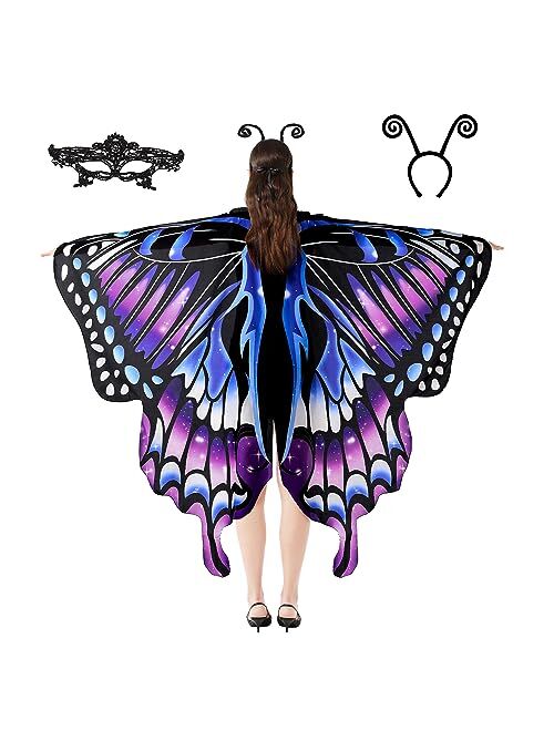 Tibeha Halloween Butterfly Wings for Women - Double-Sided Printing Costume Adult Cape with Mask and Antenna Headband