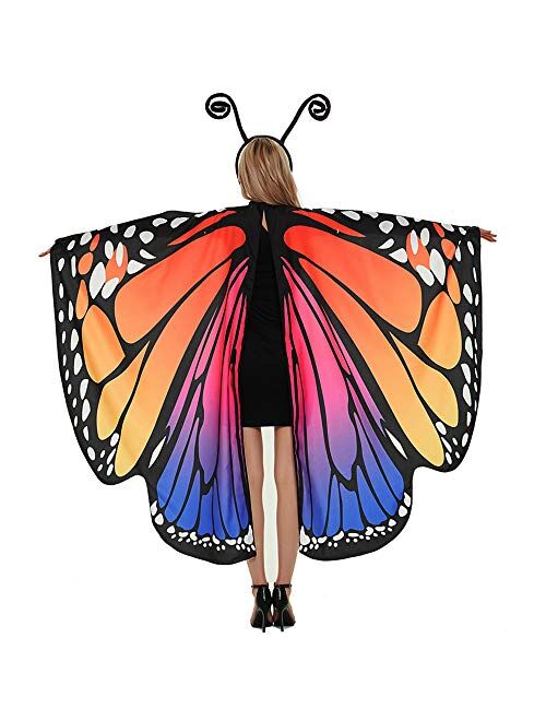 Oun Nana Halloween Butterfly Wings Cape for Women Butterfly Halloween Costume with Antenna Headband, Butterfly Wings Costumes Shawl